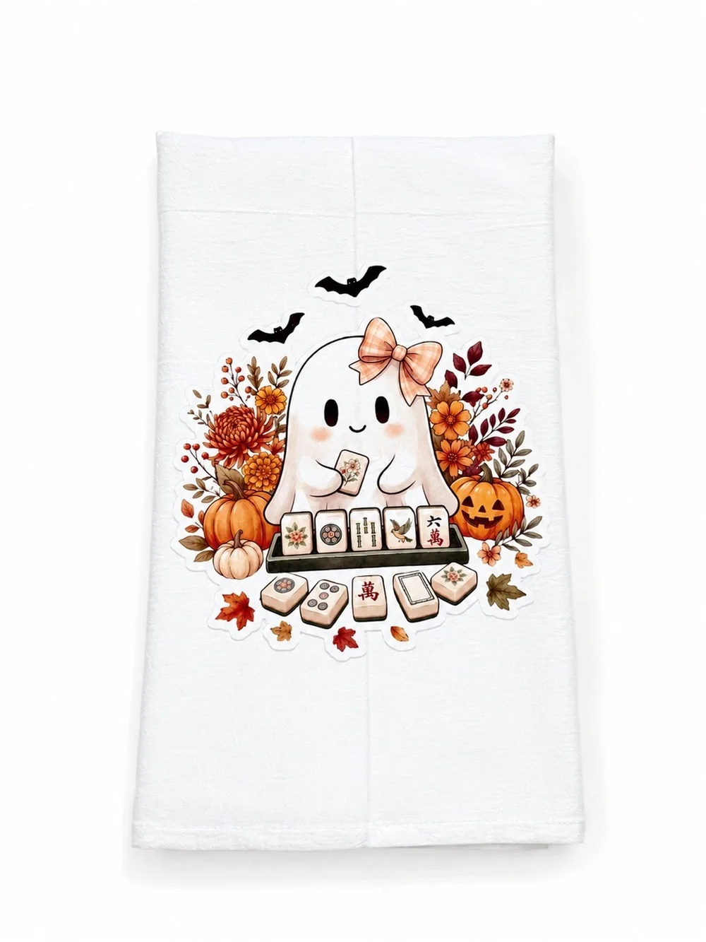 Fall Autumn Halloween Cute Ghost Mahjong kitchen Towel - White & Orange